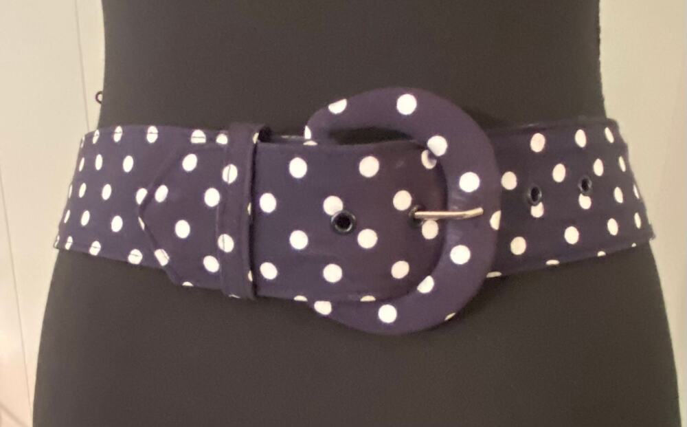 Navy White Polka Dot Wide Waist Belt XS/S Retro Pinup Covered Buckle